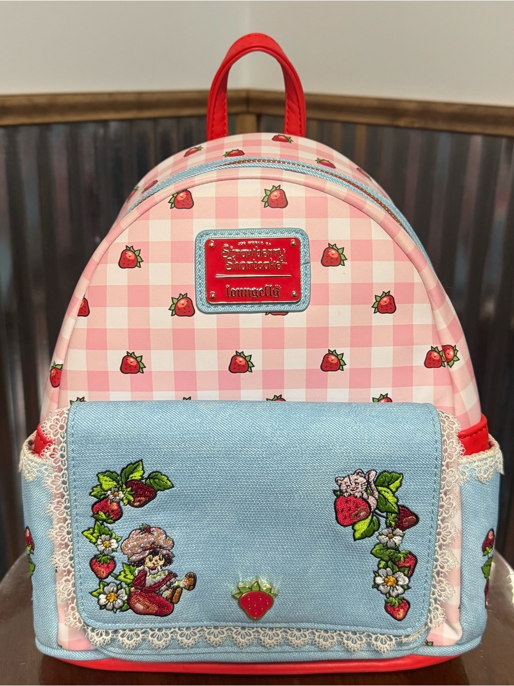 Loungefly Pink Strawberry Gingham Mini Backpack with Blue Front Pocket